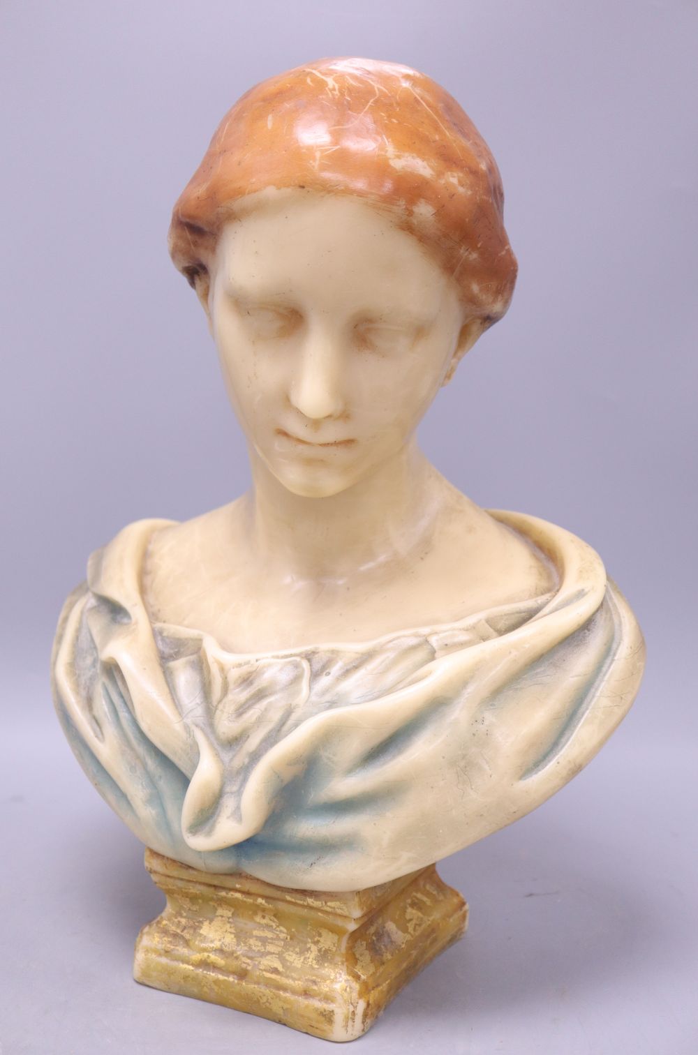 A painted wax bust of a lady, height 45cm
